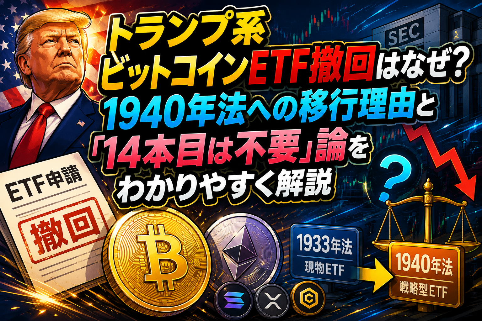 トランプ系ビットコインETF撤回はなぜ？1940年法への移行理由と「14本目は不要」論をわかりやすく解説