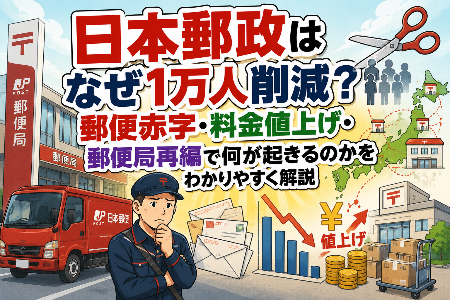 日本郵政はなぜ1万人削減？郵便赤字・料金値上げ・郵便局再編で何が起きるのかをわかりやすく解説