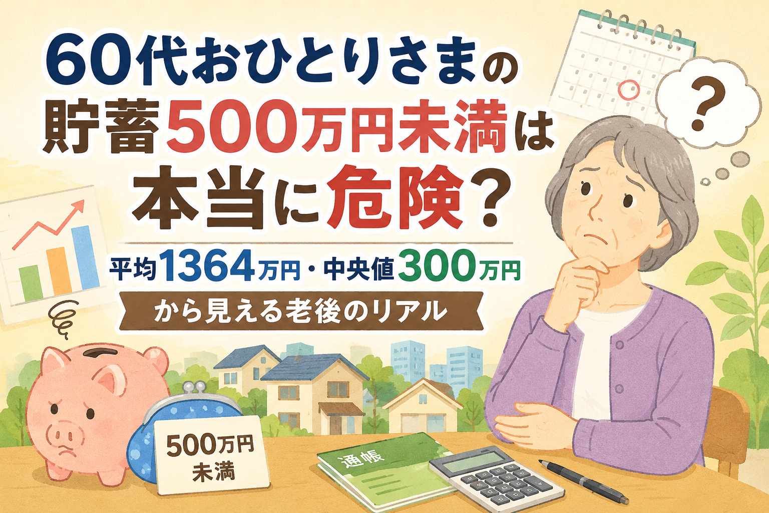 60代おひとりさまの貯蓄500万円未満は本当に危険？平均1364万円・中央値300万円から見える老後のリアル
