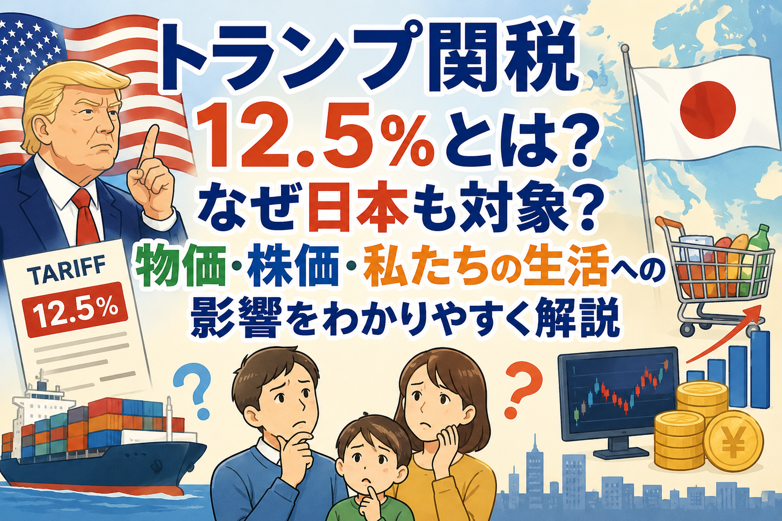 トランプ関税12.5％とは？なぜ日本も対象？物価・株価・私たちの生活への影響をわかりやすく解説